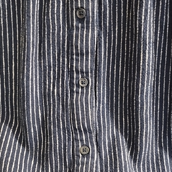 Navy & White Stripe Linen Blend Button Down Shirt Dress Ruffle Hem Knee Length - Picture 11 of 14